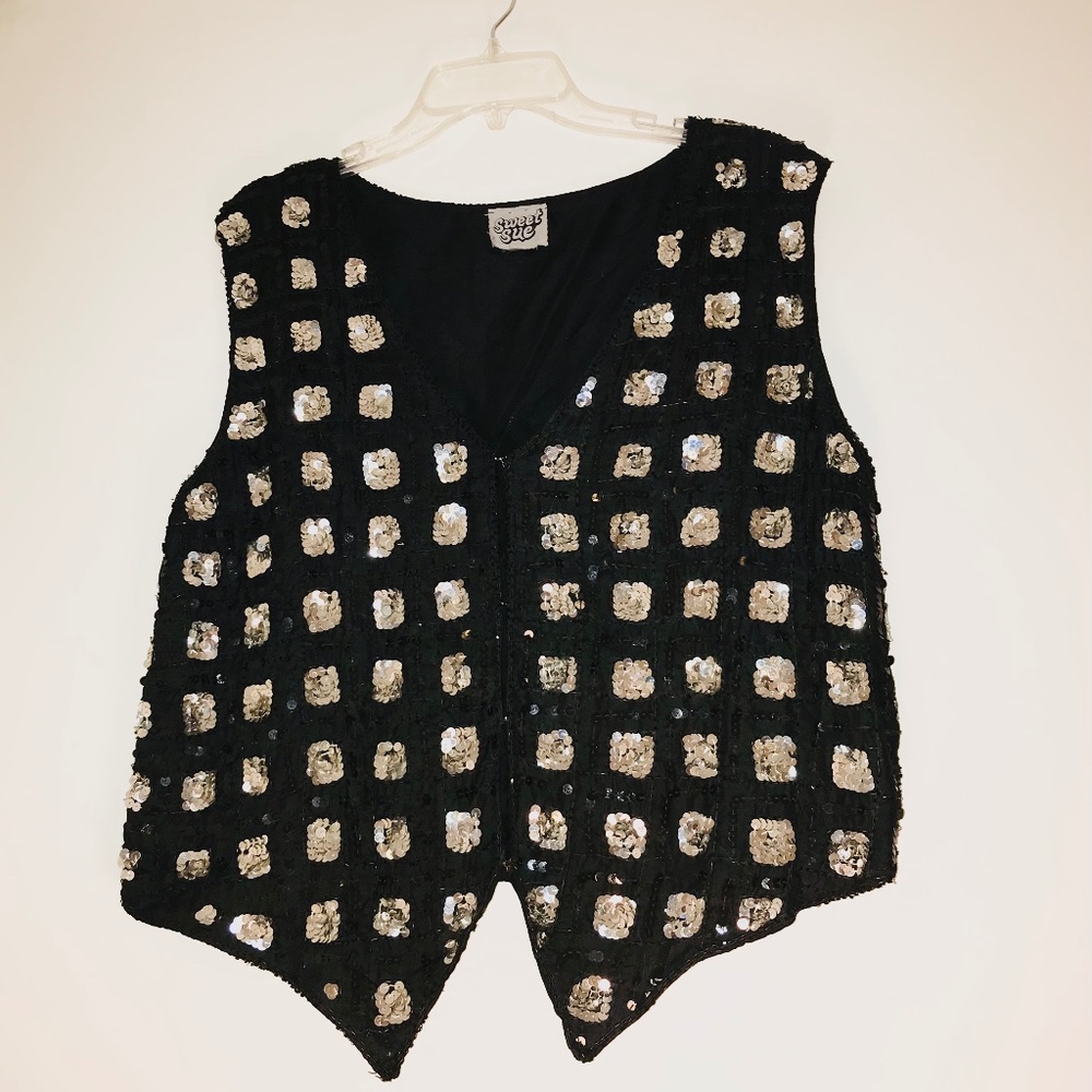 VTG 80s 90s Sweet Sue Sequin Vest Silver Geometric Black Pointed Hem L Disco